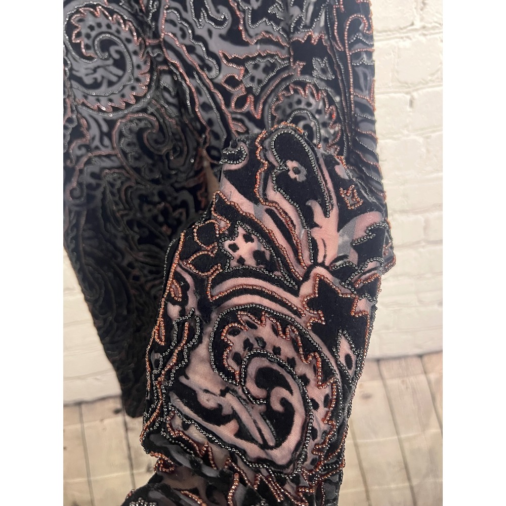 Carmen Marc Valvo Silk Velvet Paisley Beaded Sheer Pants Black Copper Size 8 - Picture 5 of 7